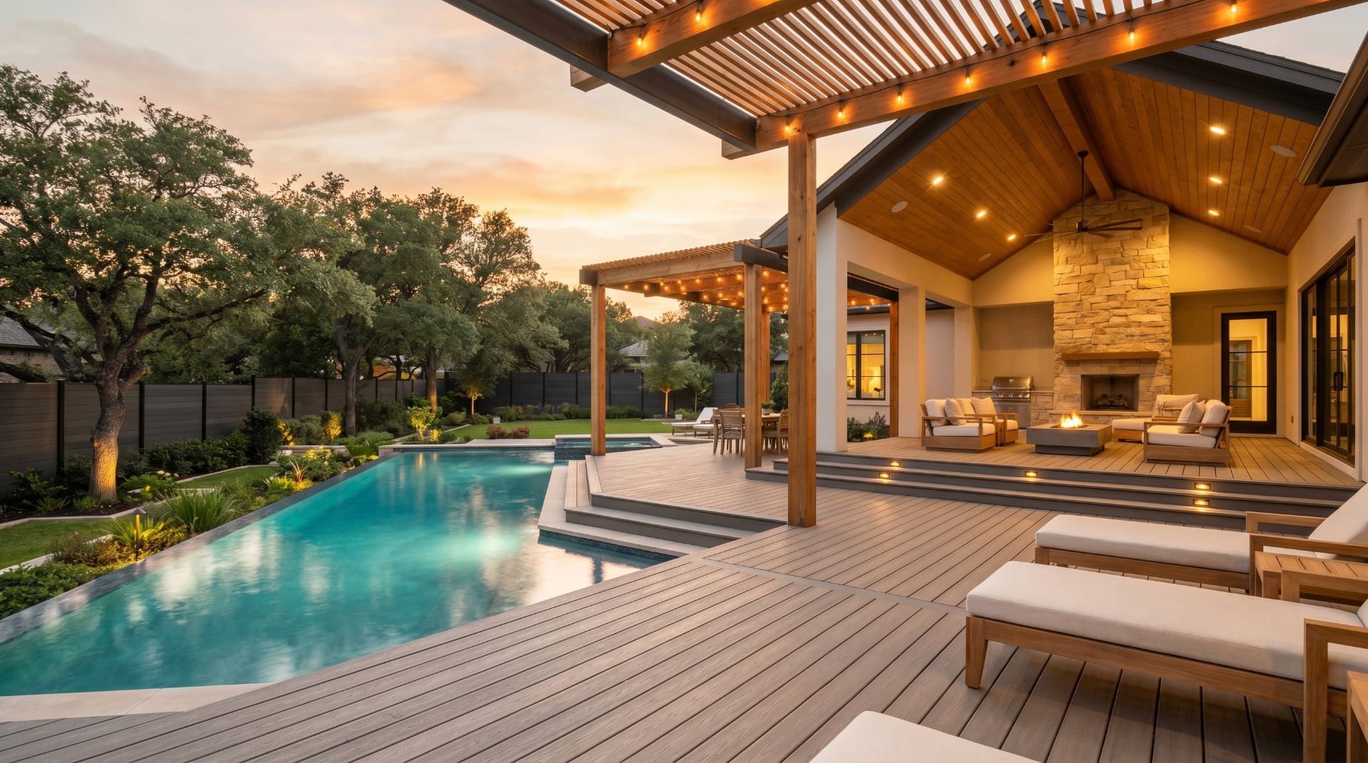 Luxury outdoor living space with covered patio, pool, and custom decking in San Antonio.